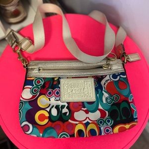 Coach poppy multicolored rainbow cross body purse bag gold unique CC logo